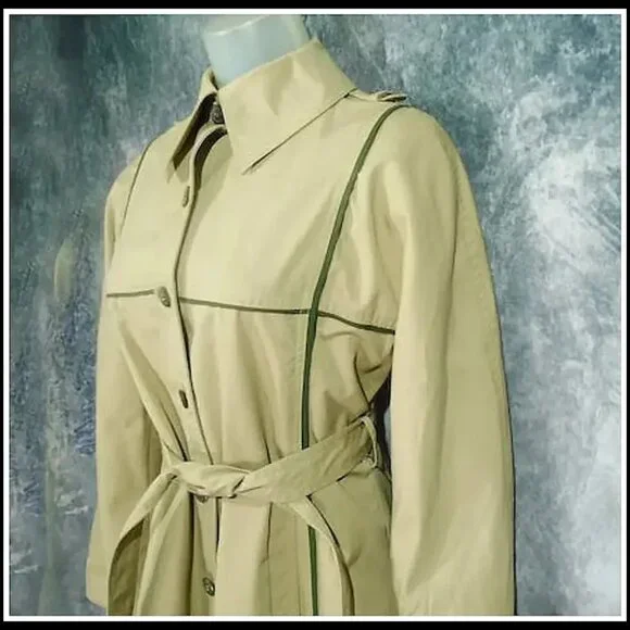 MOD Vintage Khaki Trench Coat Geometric Lines Raincoat VFG, Unique Styling - Picture 7 of 14
